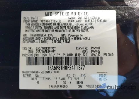 2015 Ford Mustang from USA, damaged, VIN 1FA6P8TH8F5411377